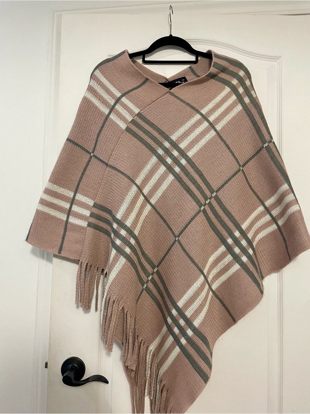 Plaid Fringe Poncho in Dusty Pink and Cream by Cherie Bliss - O/S